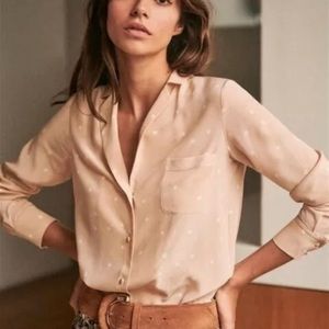Sezane Silk Florence Ecru Peas Nude Polka Button Down Shirt Sz 44 US 12